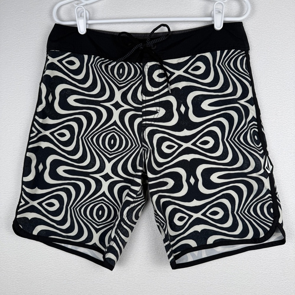 Volcom Board Shorts Mens 32 Black White Mod-Tech Psychedelic Swirl Swim Trunks